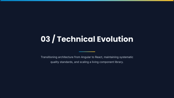 03 / Technical Evolution Transitioning architecture from Angular to React, maintaining systematic quality standards, and scaling a living component library.